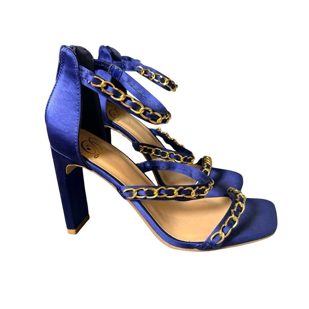 Windsor Blue Satin Chain Detail Block Heel Sandals size 6